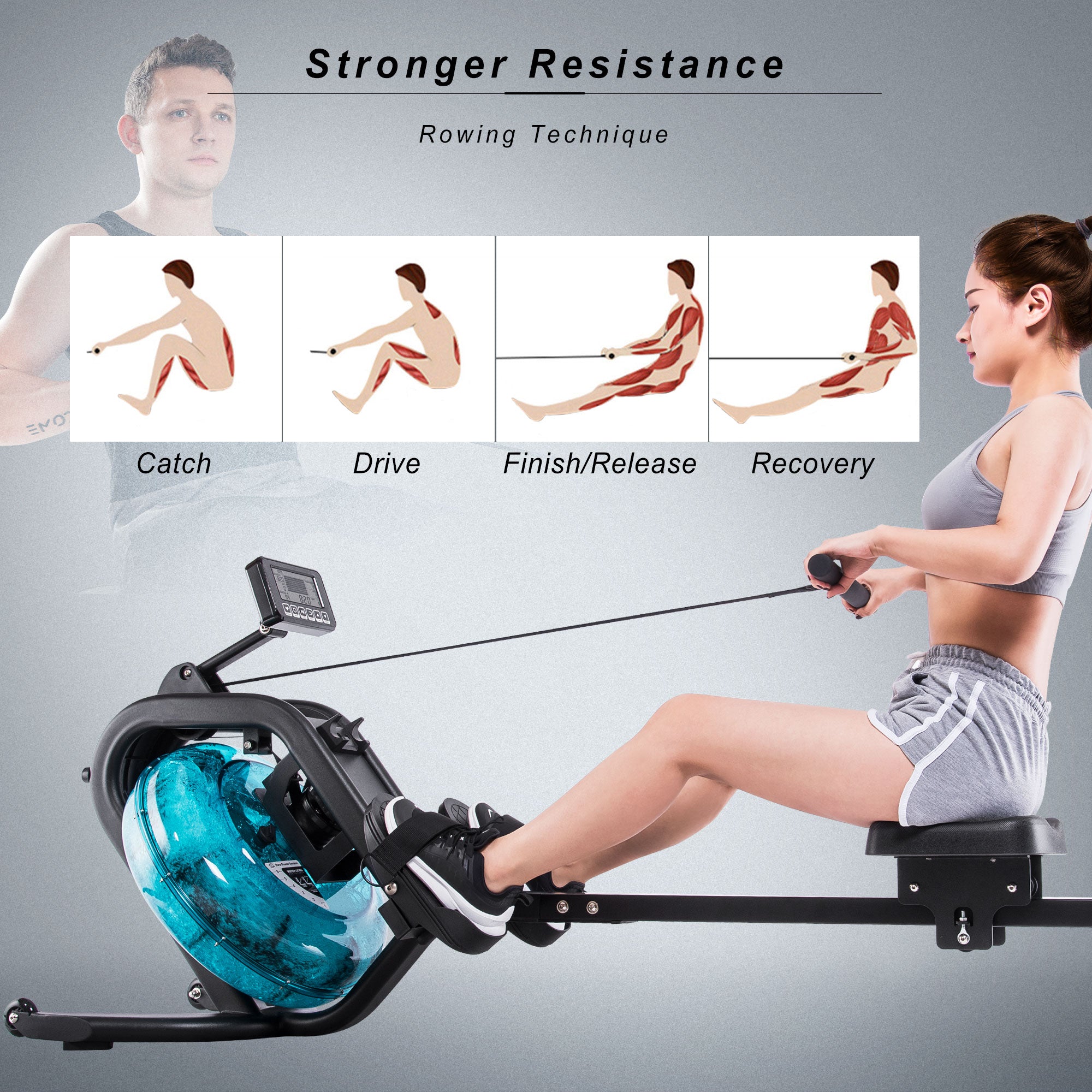 Water Rowing Machine Rower with LCD Monitor, Exercise Workout Water Ro